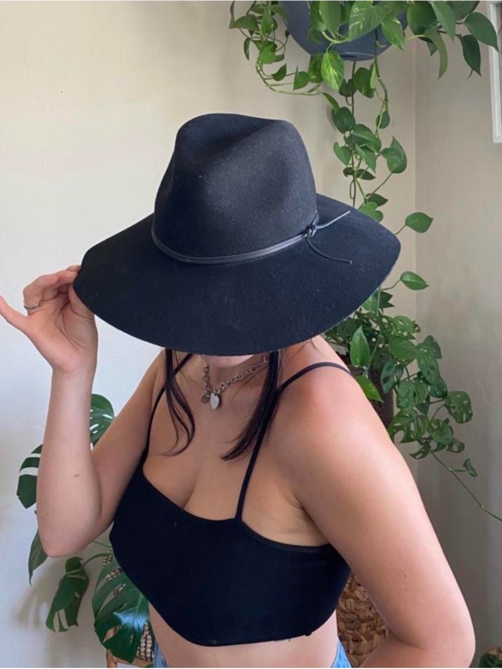 Phenix OS Black Gray Wool Fedora Hat With Leather Trim Winter BOHO